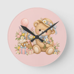 Vintage-Teddybär-Feier mit Wildblumen Runde Wanduhr