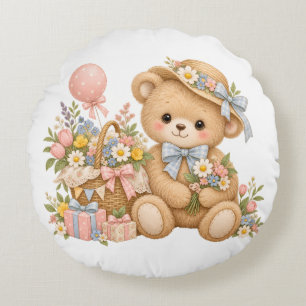Vintage-Teddybär-Feier mit Wildblumen Rundes Kissen