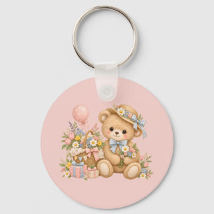 Vintage-Teddybär-Feier mit Wildblumen Schlüsselanhänger