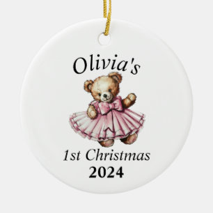 Vintage-Teddybär Rosa 1. Weihnachten Personalisier Keramik Ornament