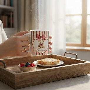Vintage-Teddybär roter Bogen Wasserfarbe Name Kaffeetasse