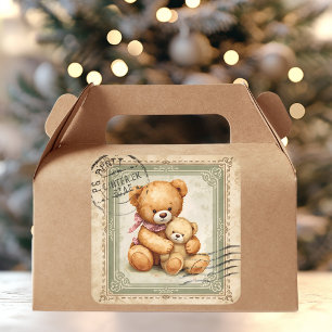 Vintage-Teddybär-Umarmen-Poststempel Quadratischer Aufkleber