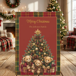 Vintage-Teddybären-Weihnachtsbaum-Tartan-Karo Feiertagskarte