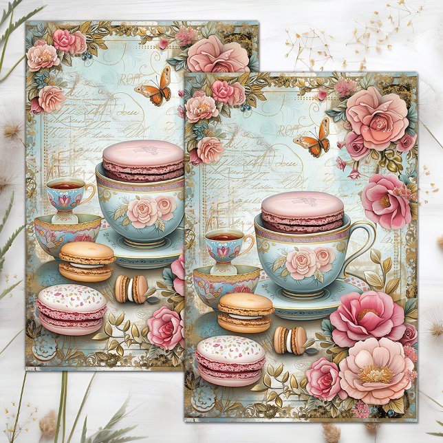VINTAGE TEE CUP UND MAKARONENDEKOUPATION SEIDENPAPIER (VINTAGE TEA CUP AND MACARONS DECOUPAGE TISSUE PAPER)
