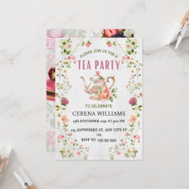 Vintage Tee-Party Einladung mit Blumenrahmen