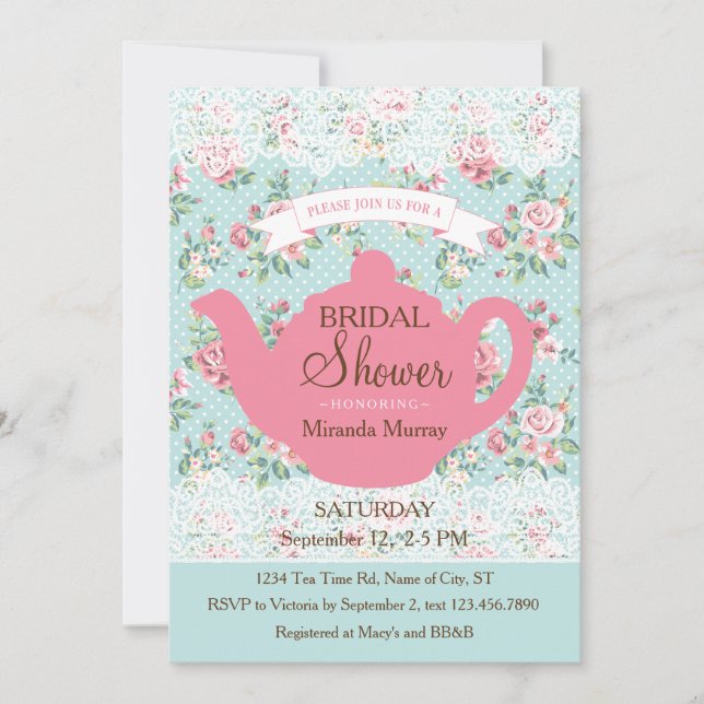 Vintage Teekanne mit Rosen und Spitze-Grenze Einladung (Vorderseite)