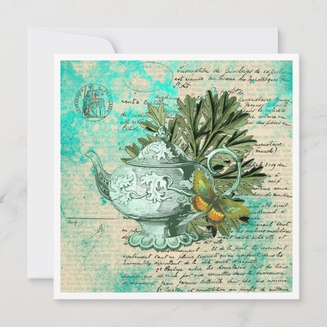 Vintage Teekasse und Ephemera Collage Flat Card (Vorderseite)