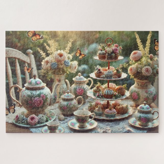 Vintage-Teeparty-Blumentasservice & Gebäck Puzzle (Horizontal)