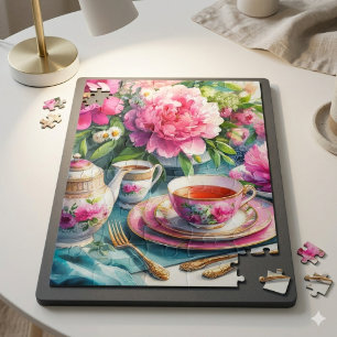 Vintage-Teeparty rosa Pfingstrosen Puzzle