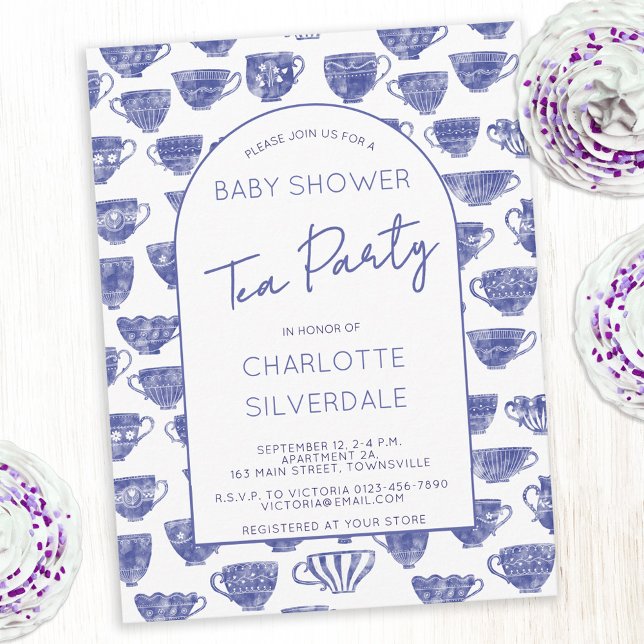 Vintage Teetasse Aquarell-Teeparty-Baby-Party Postkarte (Antique teacup baby shower tea party blue white watercolor invitation postcard)