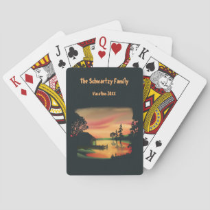 Vintage-Teich-Sonnenuntergang-Ponton-Flucht grün r Spielkarten