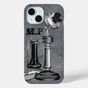 Vintage-Telefonillustration auf grauem Monogramm Case-Mate iPhone Hülle
