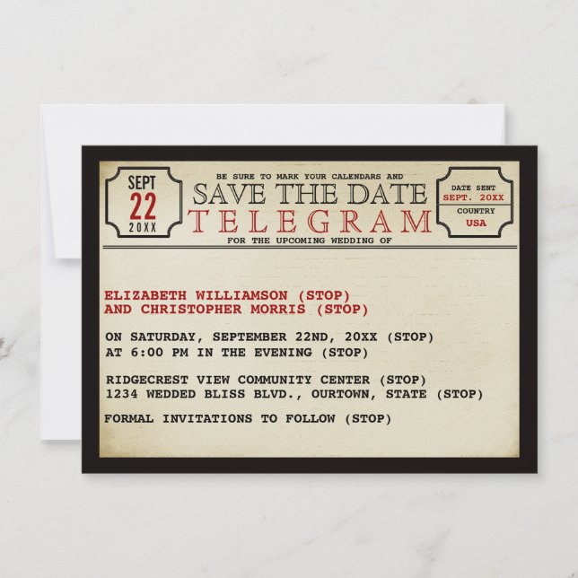 Vintage-Telegramm-Stil Save The Date (Vorderseite)