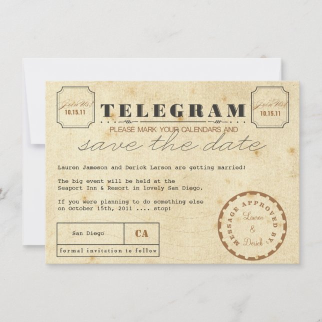 Vintage Telegrammpostkarte Save the Date (Vorderseite)