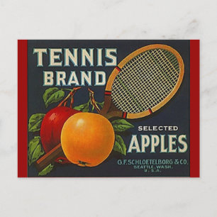 Vintage-Tennis-Marke Apples Racket Kiste Postkarte
