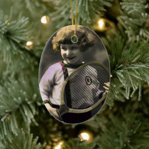 Vintage Tennis-Sport, glückliches Mädchen mit Schl Keramik Ornament