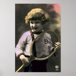 Vintage-Tennissport, glückliches Mädchen mit Schlä Poster