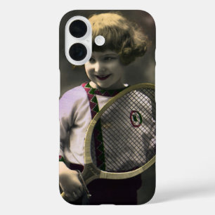 Vintage Tennissportarten, Happy Girl mit Racket iPhone 16 Hülle