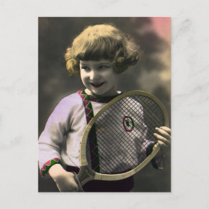 Vintage Tennissportarten, Happy Girl mit Racket Postkarte