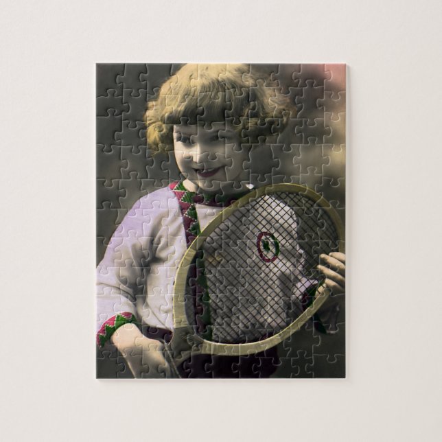 Vintage Tennissportarten, Happy Girl mit Racket Puzzle (Vertikal)