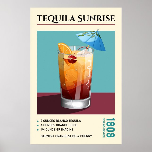 Vintage Tequila Sunrise Cocktail Recipe Artwork Poster (Vorne)