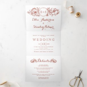 Vintage Terrakotta Rahmen und Initialen Hochzeit Dreifach Gefaltete Einladung
