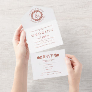 Vintage Terrakotta-Rose auf weißer Hochzeit All In One Einladung