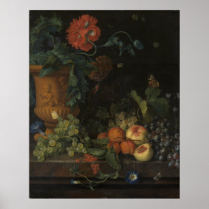Vintage-Terrakotta-Vase mit Blumen und Früchten Poster