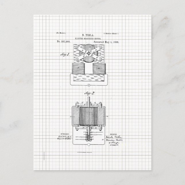 Vintage Tesla-Electro Magnetmotorpatente Postkarte (Vorderseite)