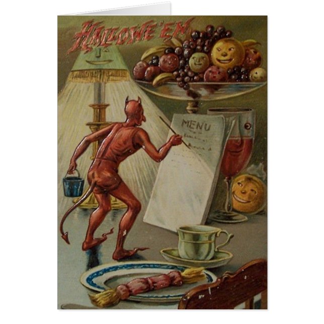 Vintage Teufel-Abendessen-Menü-Halloween-Karte (Vorne)