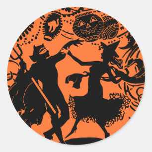 Vintage Teufel-Hexe-Tanz-Silhouette-Illustration Runder Aufkleber
