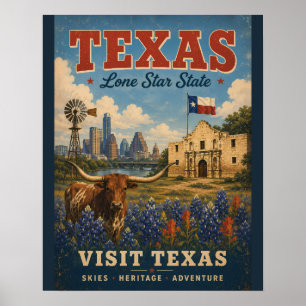Vintage-Texas-Reiseposter mit Longhorn und Einsam Poster