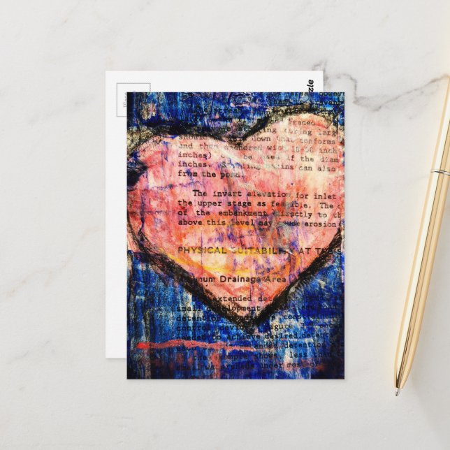 Vintage Textbook Pink Heart Mixed Media Collage Postkarte (Vorderseite/Rückseite Beispiel)