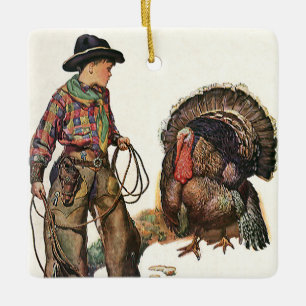 Vintage Thanksgiving, Cowboy fängt einen Truthahn Keramikornament