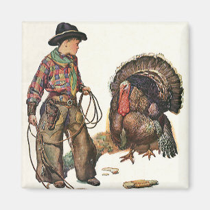 Vintage Thanksgiving, Cowboy fängt einen Truthahn Magnet