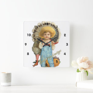 Vintage Thanksgiving Junge mit Truthahn Quadratische Wanduhr