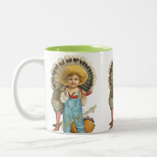 Vintage-Thanksgiving-Junge mit Truthahn-Tasse Zweifarbige Tasse