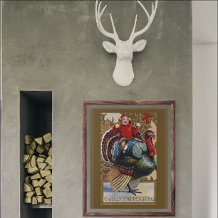 Vintage-Thanksgiving-Junge reitet Truthahn Poster