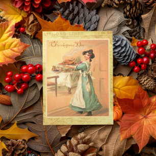 Vintage-Thanksgiving-Karte mit Frau, die Truthahn Karte