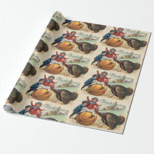 Vintage Thanksgiving Kinder mit Kürbis, Truthahn Geschenkpapier