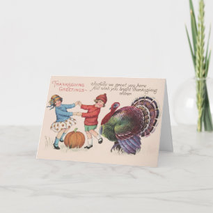 Vintage Thanksgiving-Kinder mit Truthahn Feiertagskarte