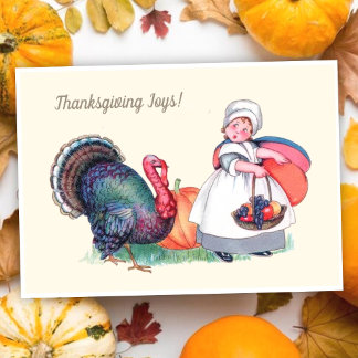 Vintage Thanksgiving-Mädchen mit Truthahn und Ernt Feiertagskarte
