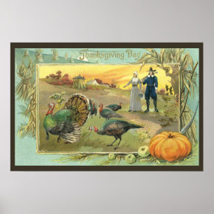 Vintage-Thanksgiving mit Pilgern und Truthähnen Poster
