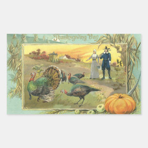 Vintage Thanksgiving mit Truthähnen und Pilgern Rechteckiger Aufkleber