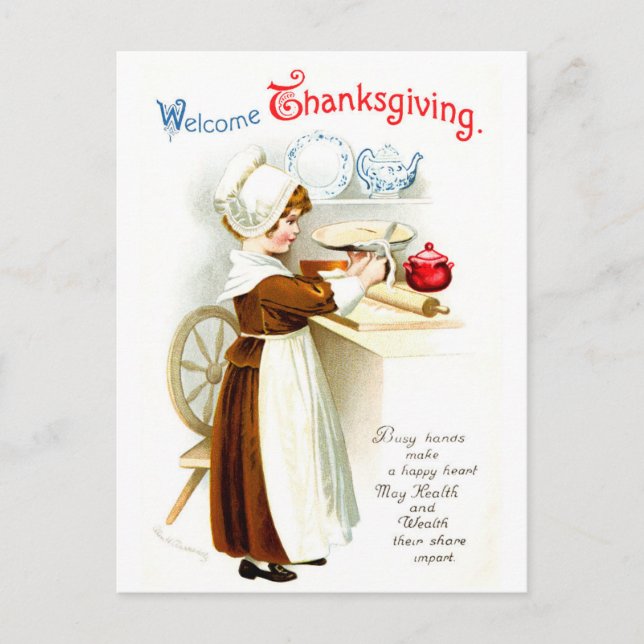 Vintage Thanksgiving - Pilgrim Baking Pie Feiertagspostkarte (Vorderseite)