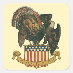 Vintage-Thanksgiving-Pute, Adler, amerikanische Fl Quadratischer Aufkleber