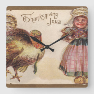 Vintage-Thanksgiving-Pute mit Pilgermädchen Quadratische Wanduhr