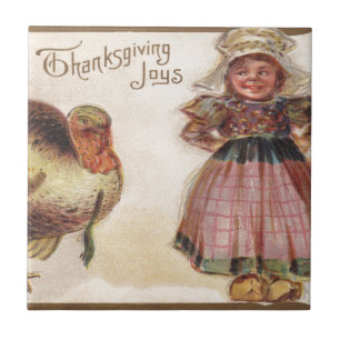 Vintage Thanksgiving, Truthahn mit Pilgermädchen Fliese