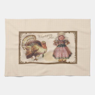 Vintage Thanksgiving, Truthahn mit Pilgermädchen Geschirrtuch