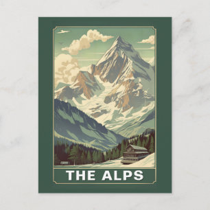 Vintage The Alps Reise Skifahren Berg Lodge Postkarte